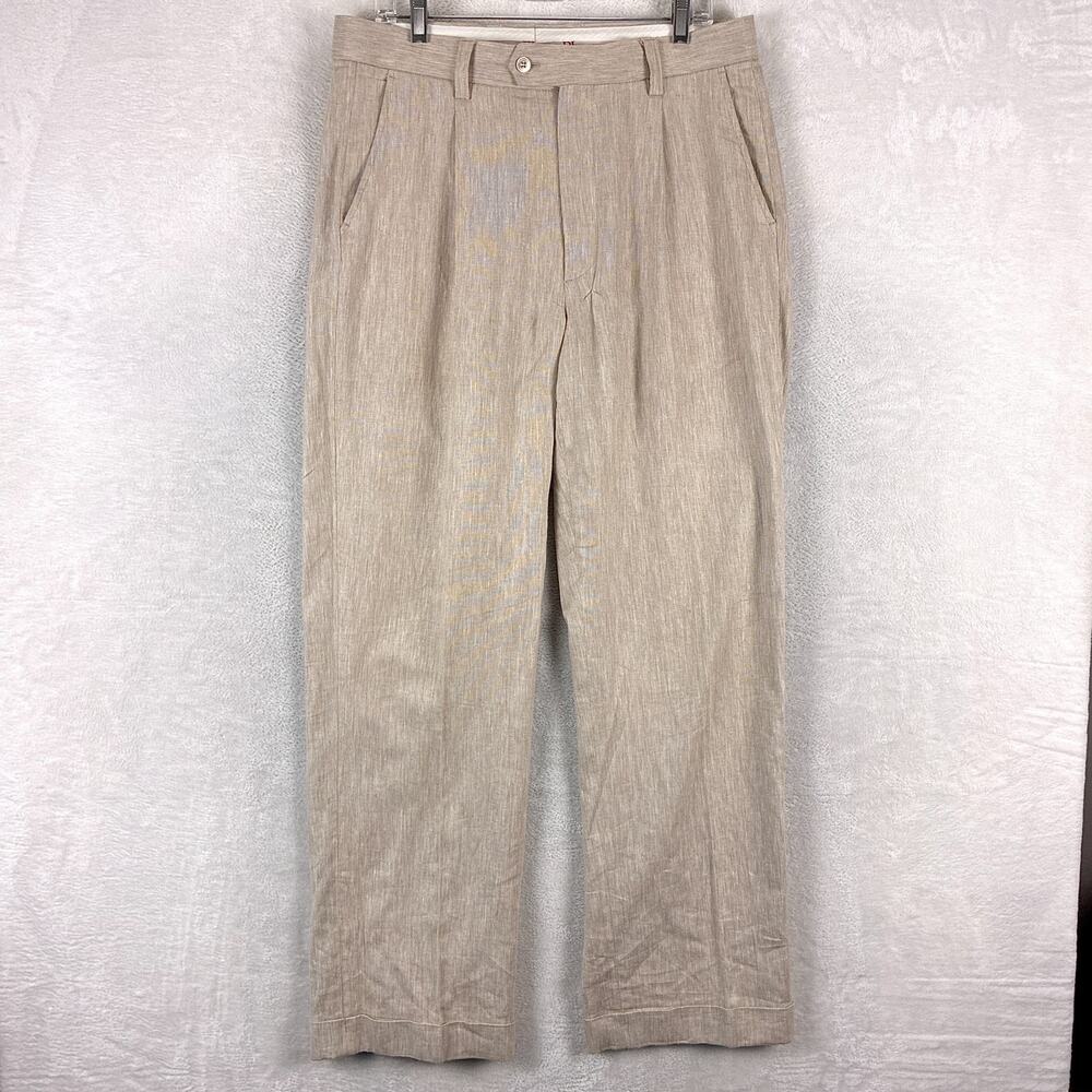 VTG Prestige Pants Men 34 Beige Linen Pleated Cuffed Preppy Summer Classic 90s